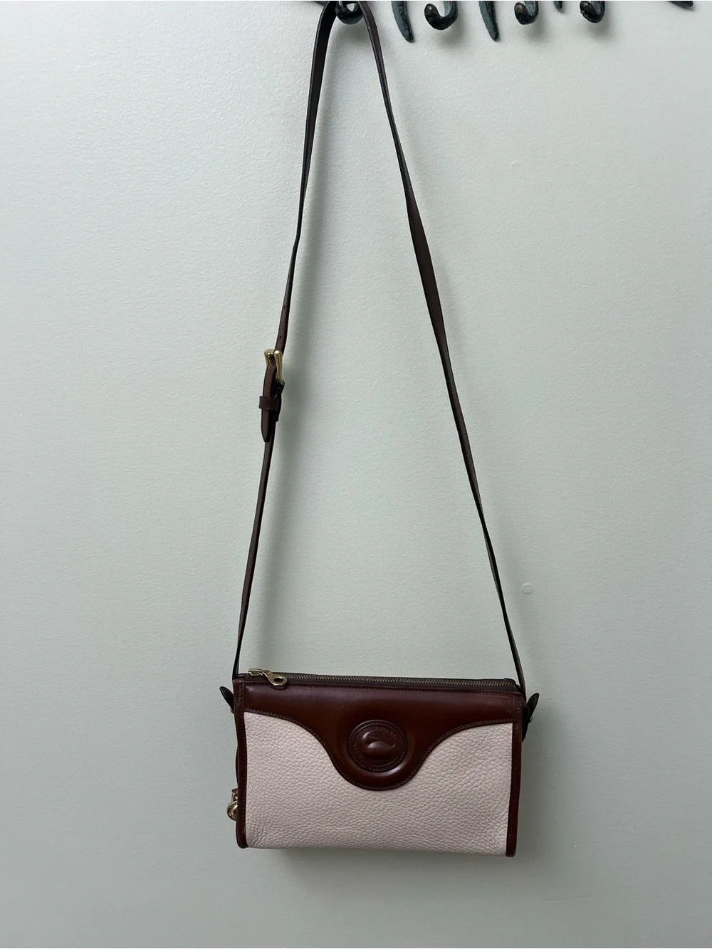 Vintage Dooney & Bourke Cream and Brown Leather Crossbody Bag